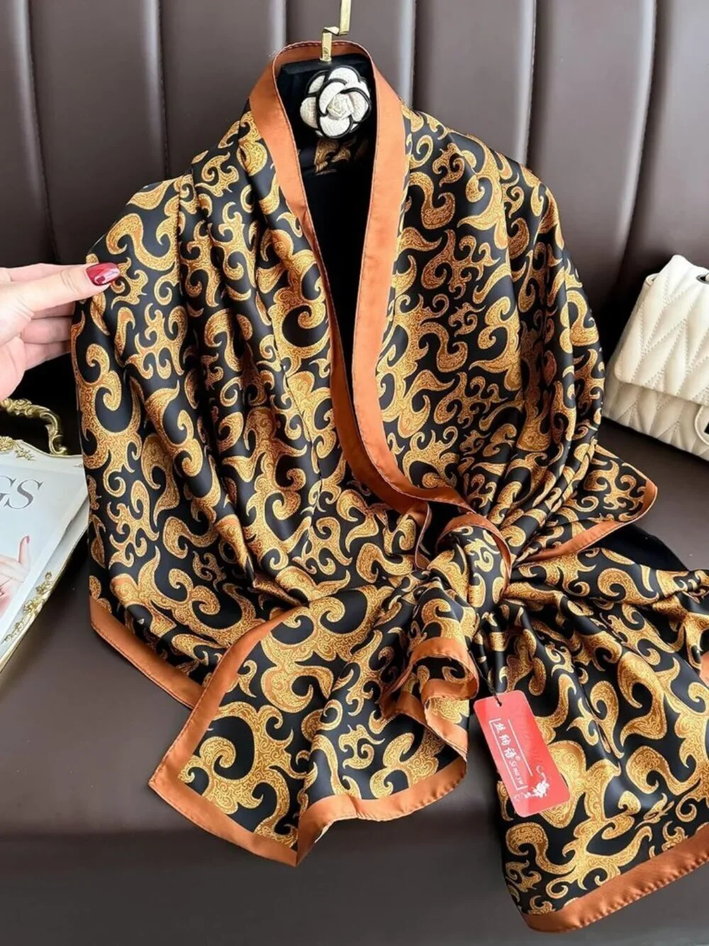 Women's Cheeta Orange Lightweight Scarves Flower Print Head Cotton Wrap Scarf